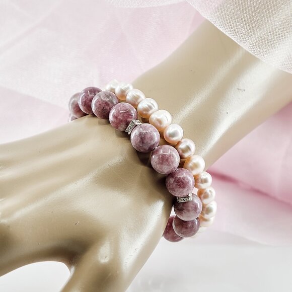 Pearl & Lepidolite Dainty Bracelet Set, Set of 2 Stretch Bracelets - Picture 7 of 11
